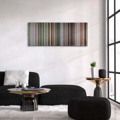 21 Grams color palette canvas above a black sofa with a gold-topped table