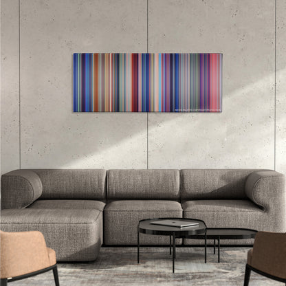 Lilo & Stitch color palette canvas on a concrete wall above a gray sectional sofa