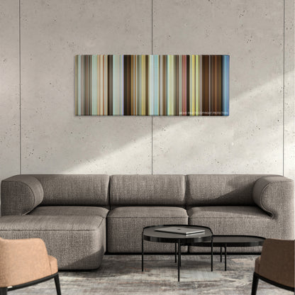 Sing Street color palette canvas on a concrete wall above a gray sectional sofa