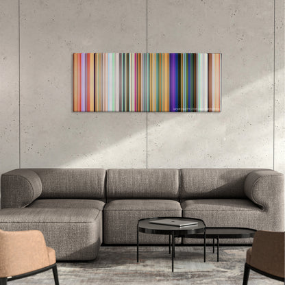 Meet the Robinsons color palette canvas on a concrete wall above a gray sectional sofa