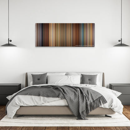 Wanderlust color palette canvas above a bed, between two black pendant lamps