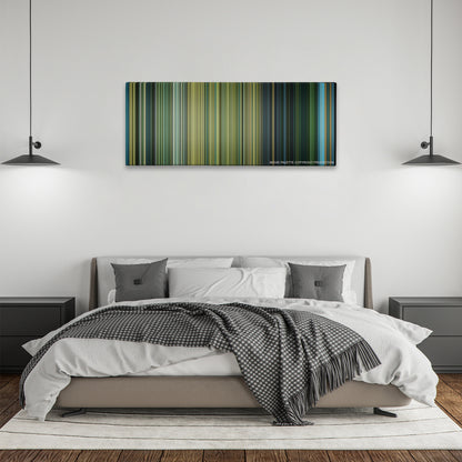Black Hawk Down color palette canvas above a bed, between two black pendant lamps