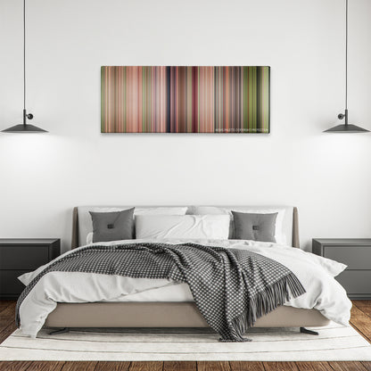 Steel Magnolias color palette canvas above a bed, between two black pendant lamps