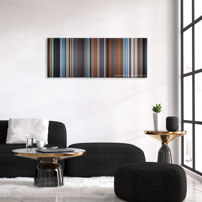A Ghost Story color palette canvas above a black sofa with a gold-topped table