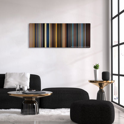Guardians of the Galaxy Vol. 2 color palette canvas above a black sofa with a gold-topped table