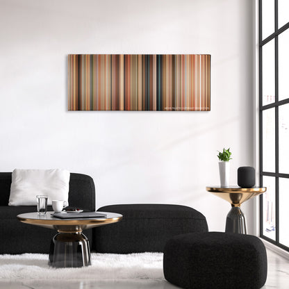 Hot Rod color palette canvas above a black sofa with a gold-topped table