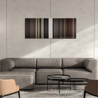 Little Shop of Horrors color palette canvas on a concrete wall above a gray sectional sofa