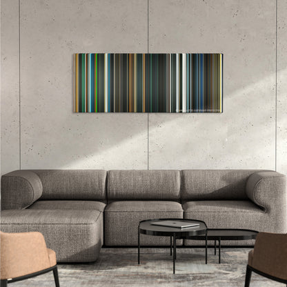 Sunshine color palette canvas on a concrete wall above a gray sectional sofa
