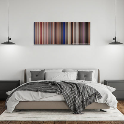 Starship Troopers color palette canvas above a bed, between two black pendant lamps