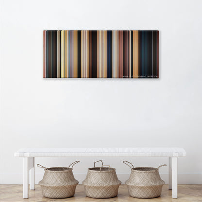 John Carter color palette canvas above a white bench with three woven baskets