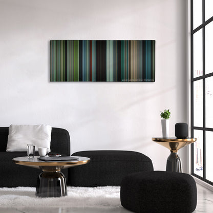 Okja color palette canvas above a black sofa with a gold-topped table