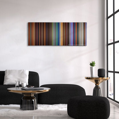 Hotel Transylvania color palette canvas above a black sofa with a gold-topped table