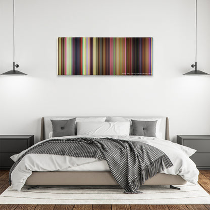 Trolls color palette canvas above a bed, between two black pendant lamps