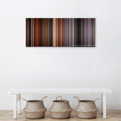 Time Bandits color palette canvas above a white bench with three woven baskets