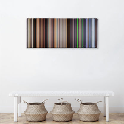 The Truman Show color palette canvas above a white bench with three woven baskets