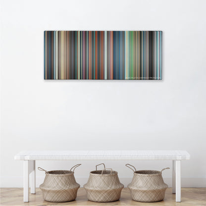 Castle in the Sky color palette canvas above a white bench with three woven baskets