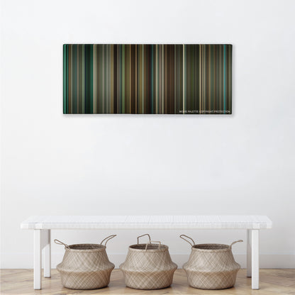 Remember Me color palette canvas above a white bench with three woven baskets