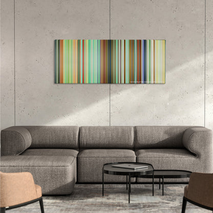 The Simpsons Movie color palette canvas on a concrete wall above a gray sectional sofa