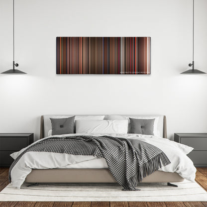 The Dark Crystal color palette canvas above a bed, between two black pendant lamps