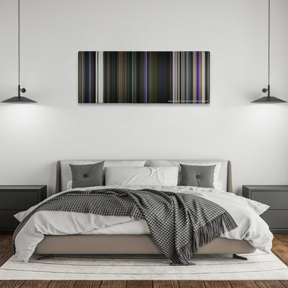 Guardians of the Galaxy color palette canvas above a bed, between two black pendant lamps