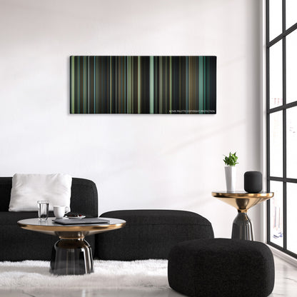 Fight Club color palette canvas above a black sofa with a gold-topped table