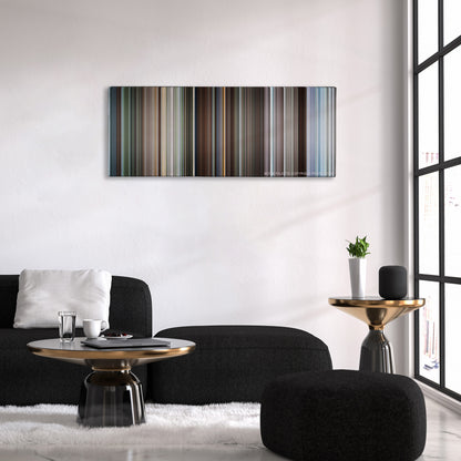 Monty Python and the Holy Grail color palette canvas above a black sofa with a gold-topped table