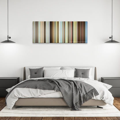 Sing Street color palette canvas above a bed, between two black pendant lamps
