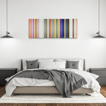 Meet the Robinsons color palette canvas above a bed, between two black pendant lamps