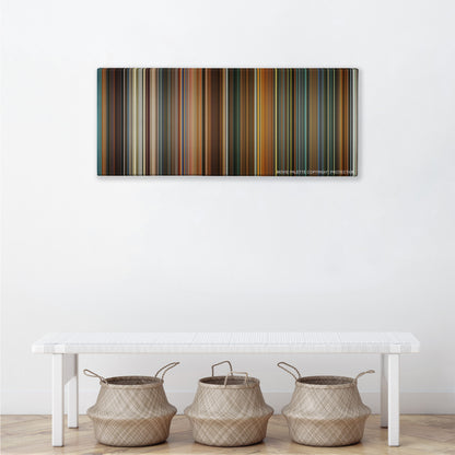 Ocean's Eleven color palette canvas above a white bench with three woven baskets