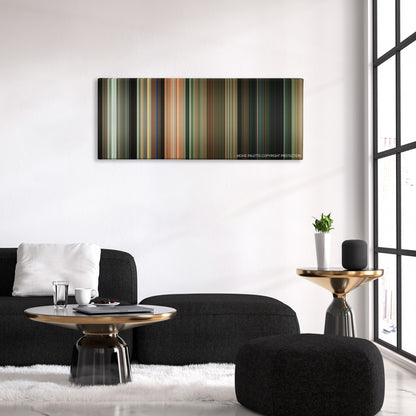 Away We Go color palette canvas above a black sofa with a gold-topped table
