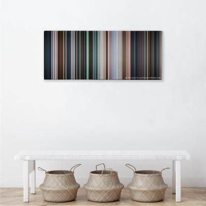 Shazam! color palette canvas above a white bench with three woven baskets