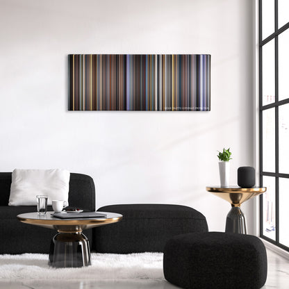 Pink Floyd: The Wall color palette canvas above a black sofa with a gold-topped table