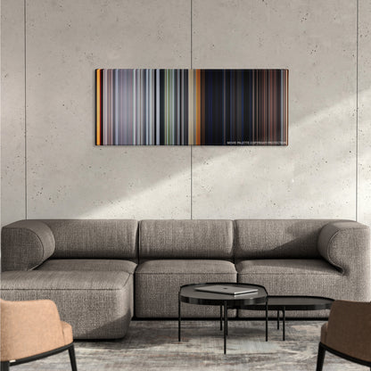 The Texas Chain Saw Massacre color palette canvas on a concrete wall above a gray sectional sofa
