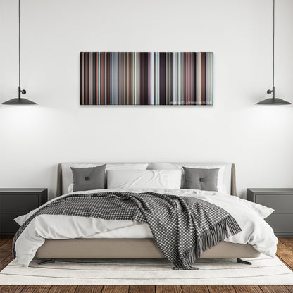 Harold and Maude color palette canvas above a bed, between two black pendant lamps