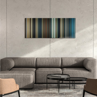 The Amityville Horror color palette canvas on a concrete wall above a gray sectional sofa