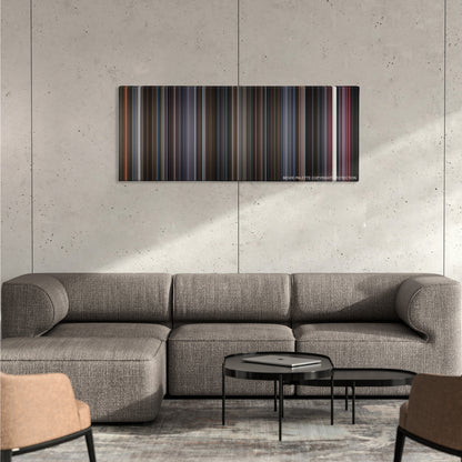 Scott Pilgrim vs. the World color palette canvas on a concrete wall above a gray sectional sofa