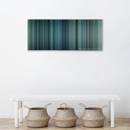 Non-Stop color palette canvas above a white bench with three woven baskets