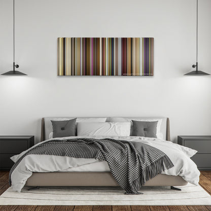 Yesterday color palette canvas above a bed, between two black pendant lamps