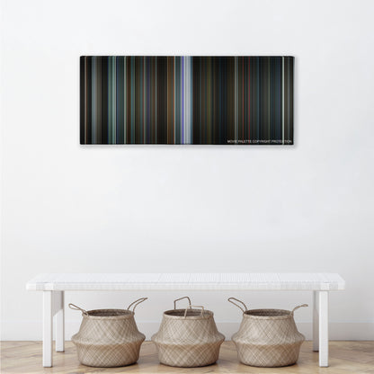 Now You See Me 2 color palette canvas above a white bench with three woven baskets