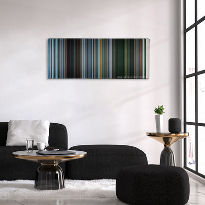 Gravity color palette canvas above a black sofa with a gold-topped table