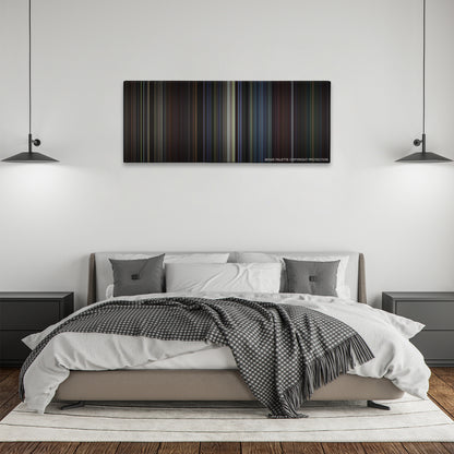 Star Trek: First Contact color palette canvas above a bed, between two black pendant lamps