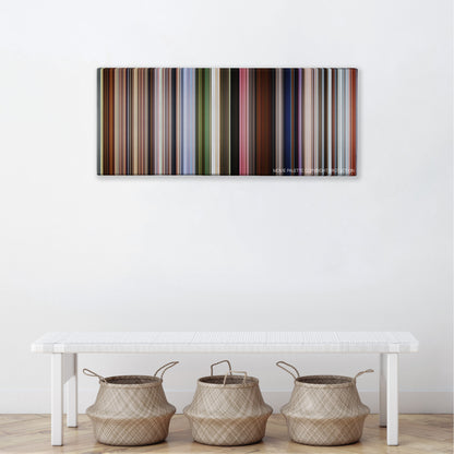 Up color palette canvas above a white bench with three woven baskets
