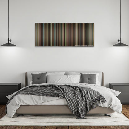 Julie & Julia color palette canvas above a bed, between two black pendant lamps