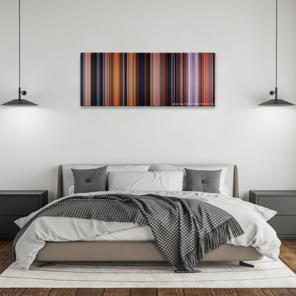 The Iron Giant color palette canvas above a bed, between two black pendant lamps