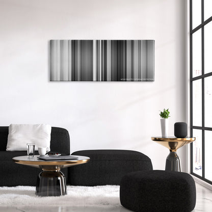 Psycho color palette canvas above a black sofa with a gold-topped table
