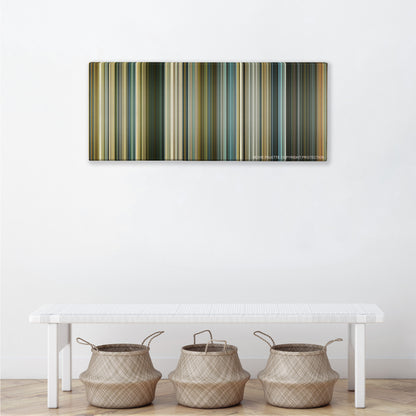Slumdog Millionaire color palette canvas above a white bench with three woven baskets