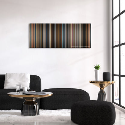 Prisoners color palette canvas above a black sofa with a gold-topped table