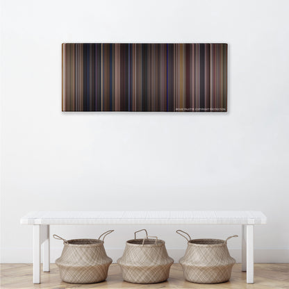Almost Famous color palette canvas above a white bench with three woven baskets