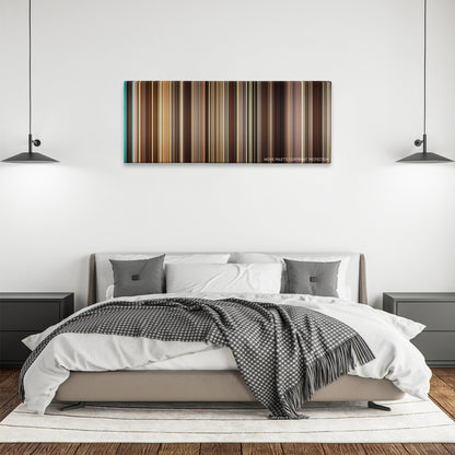 The Painted Veil color palette canvas above a bed, between two black pendant lamps