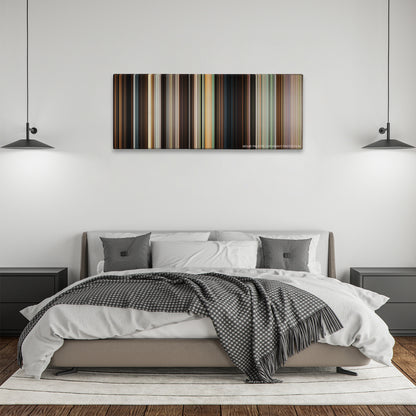 Crazy, Stupid, Love. color palette canvas above a bed, between two black pendant lamps